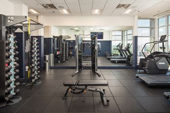 a gym with weights and cardio equipment in a building